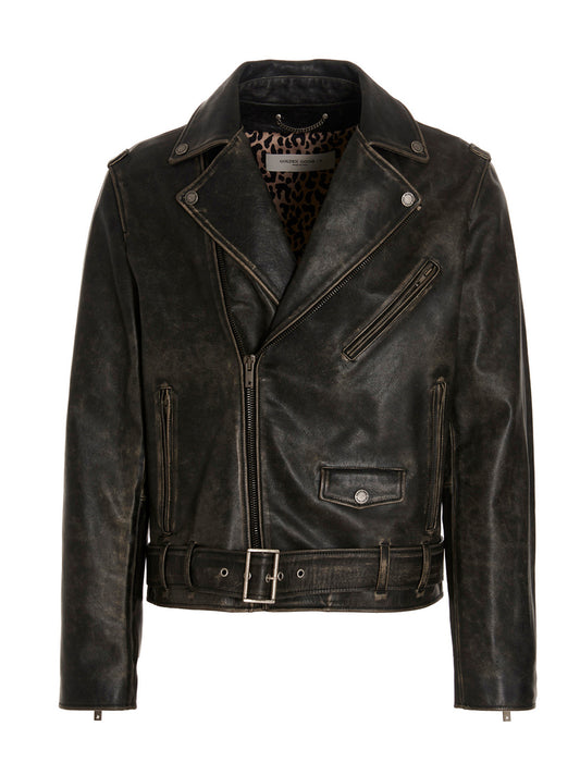 Jacket by Golden Goose for men in calfskin leather black presents a impeccable silhouette, showcasing distinct and a impeccable for a sophisticated finish.