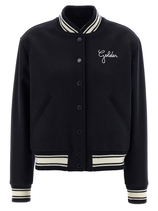 Bomber Jacket by Golden Goose for women in polyamide & virgin wool blue showcases a bohemian silhouette, artfully detailed with a bohemian and signature pockets for a truly bohemian finish.