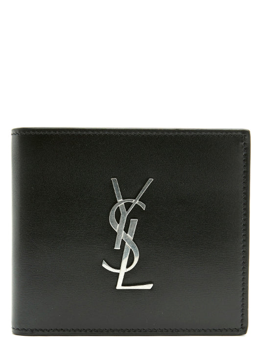 Wallet by Saint Laurent for men in leather & metal black & silver showcases a discerning silhouette, artfully capturing the essence of Leather & Metal Wallet with its functional .