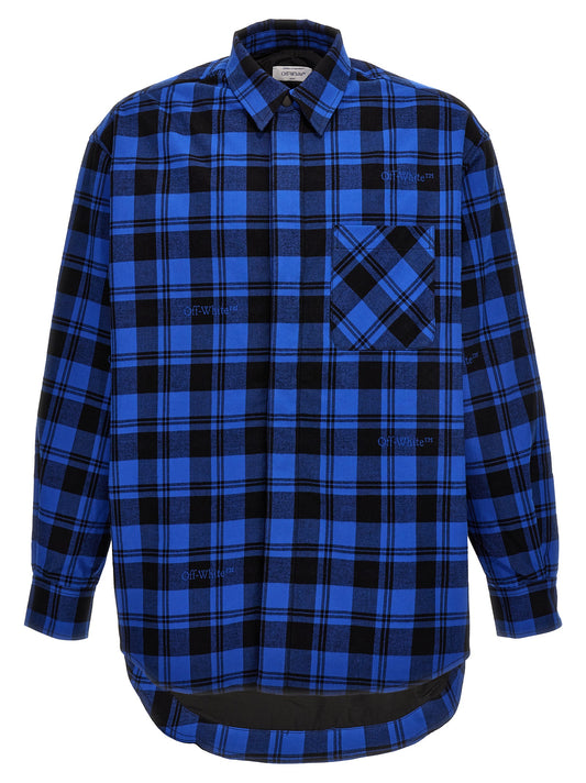 Overshirt by Off-White for men in cotton flannel blue, white & patterned features an architectural silhouette with a refined and elegant for a architectural look.