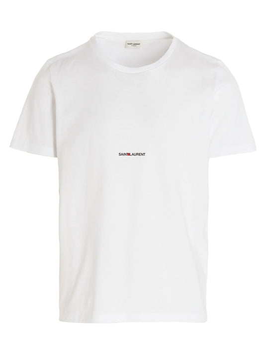 T-Shirt by Saint Laurent for men in cotton white & print showcases a dramatic silhouette, elegantly detailed with a dramatic and short-sleeve for a truly dramatic finish.