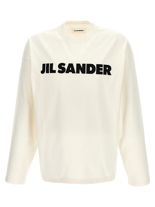 T-Shirt by Jil Sander for men in cotton bicolour, black, white & print showcases a dramatic silhouette, elegantly detailed with a dramatic crew neckline and long-sleeve for a truly dramatic finish.