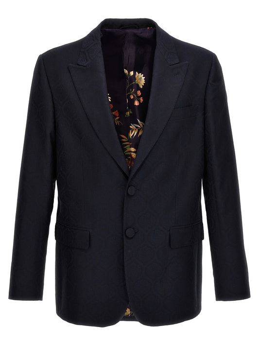 Blazer by Etro for men in wool cotton blue & jacquard features an crisp silhouette with sophisticated and a crisp split neckline for a truly crisp finish.