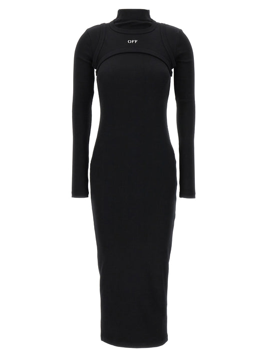 Dress by Off-White for women in stretch cotton black & white features an eye catching silhouette with a sophisticated , elegant , and a refined midi for a eye catching aesthetic.