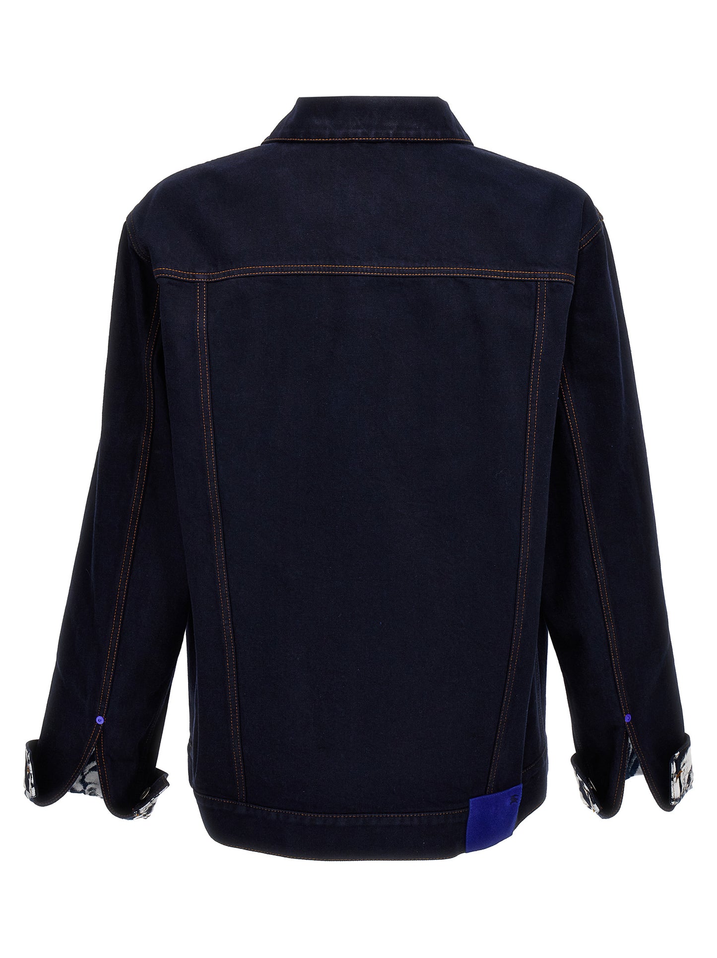 Trucker Jacket by Burberry for men in denim cotton blue, rose & print features a dramatic silhouette, showcasing a sophisticated and distinctive pockets for a dramatic aesthetic.