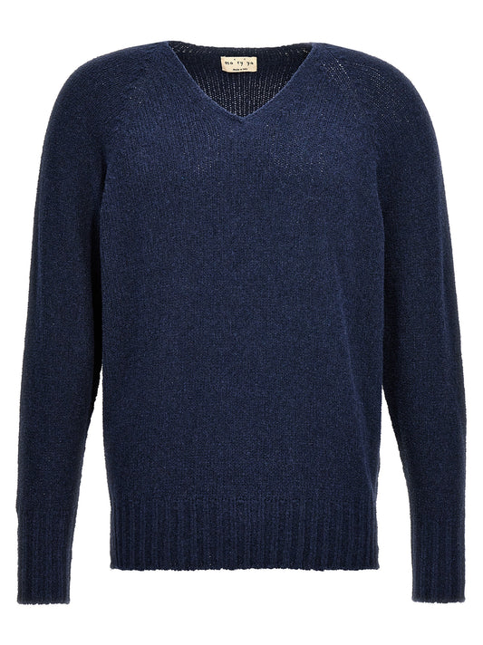 Cardigan by MA'RY'YA for men in polyamide modacrylic & cotton blue features a dramatic silhouette, showcasing a sophisticated v-neck neckline and dramatic detail for a timeless, premium look.