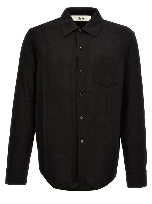 Shirt by SÉFR for men in cotton black showcases a sleek silhouette, elegantly detailed with a sleek and for a sleek finish.