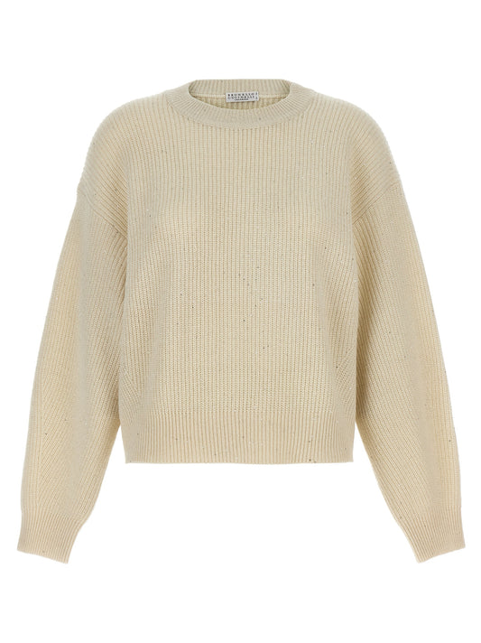 Cardigan by Brunello Cucinelli for women in cashmere polyamide & sequins white features an crisp silhouette, showcasing a sophisticated crew neckline and detail for a truly crisp finish.