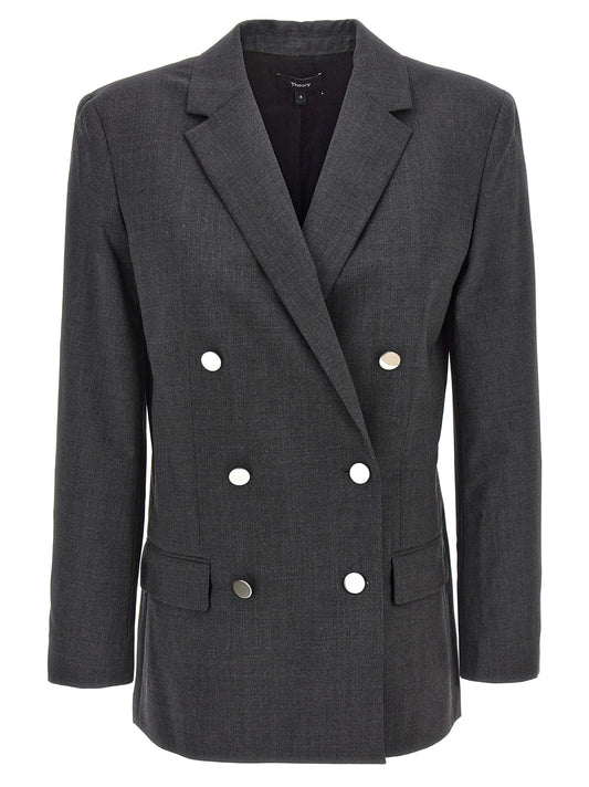Blazer by Theory for women in wool gray presents a distinguished silhouette, detailed with a distinguished split neckline and distinctive for a truly sophisticated finish.