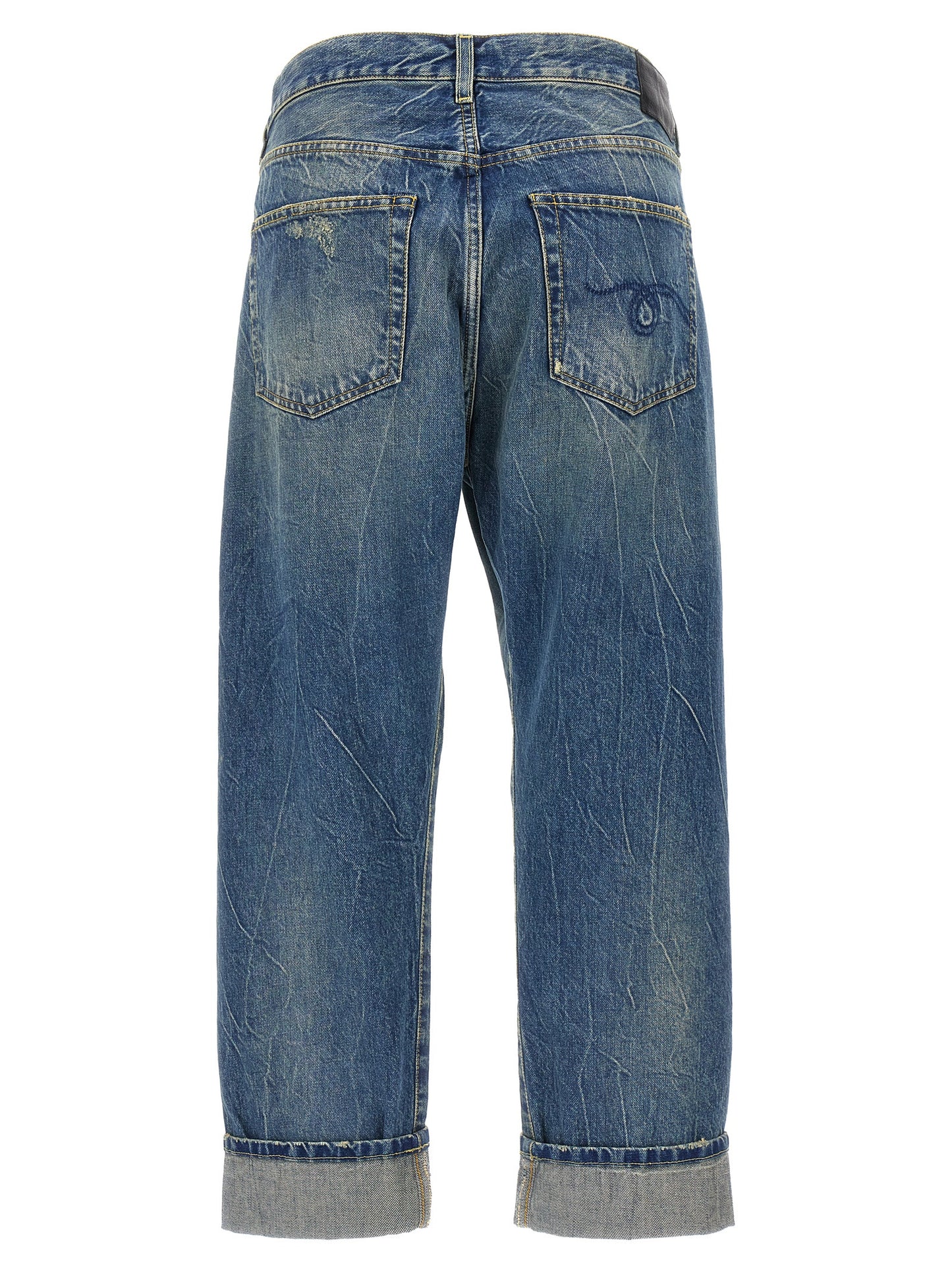 Jeans by R13 for women in cotton denim blue features a polished silhouette with a polished relaxed-fit, reaching a polished long and finished with a polished .