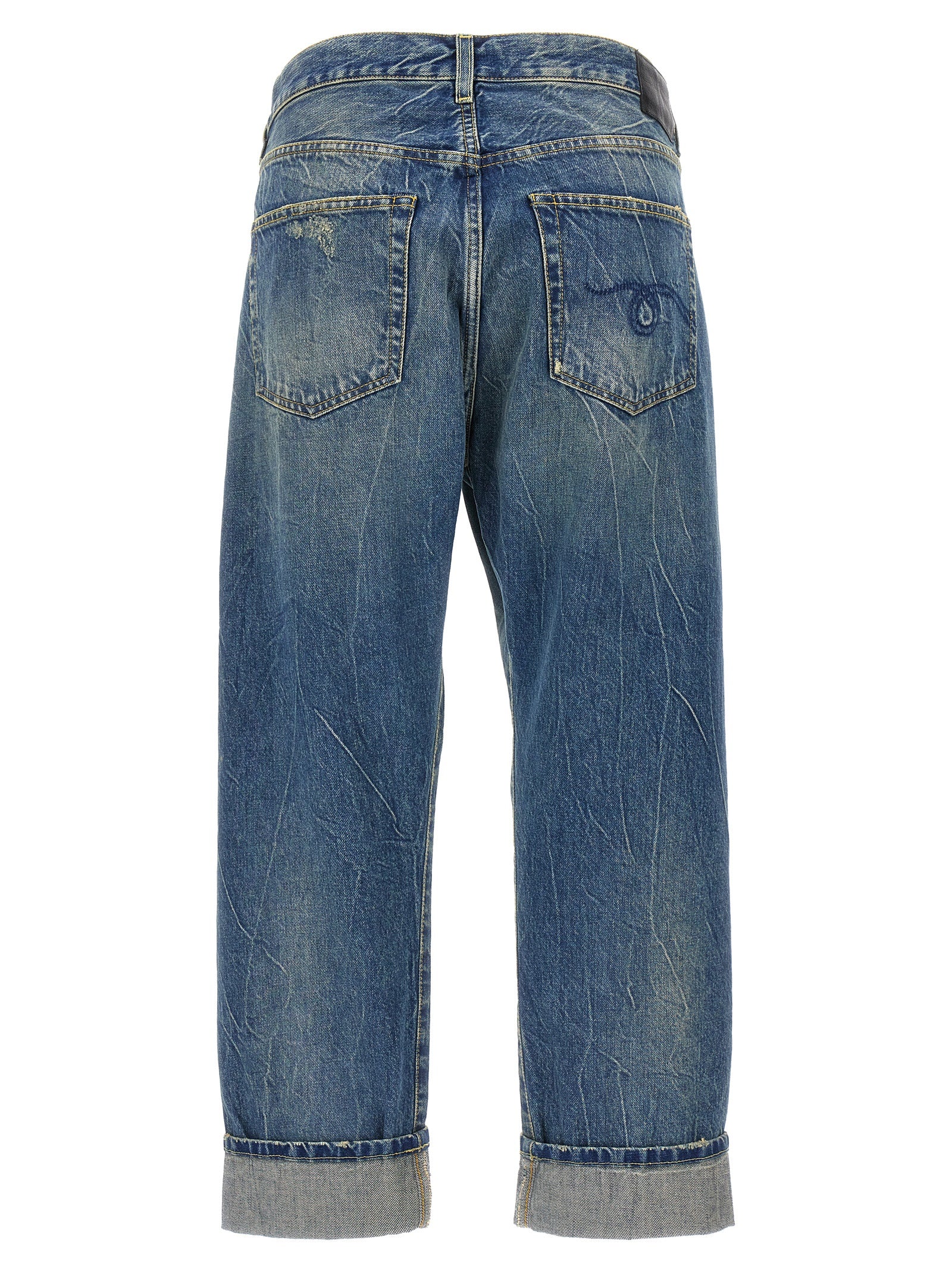 Jeans by R13 for women in cotton denim blue features a polished silhouette with a polished relaxed-fit, reaching a polished long and finished with a polished .
