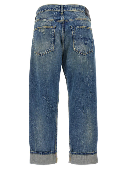Jeans by R13 for women in cotton denim blue features a polished silhouette with a polished relaxed-fit, reaching a polished long and finished with a polished .