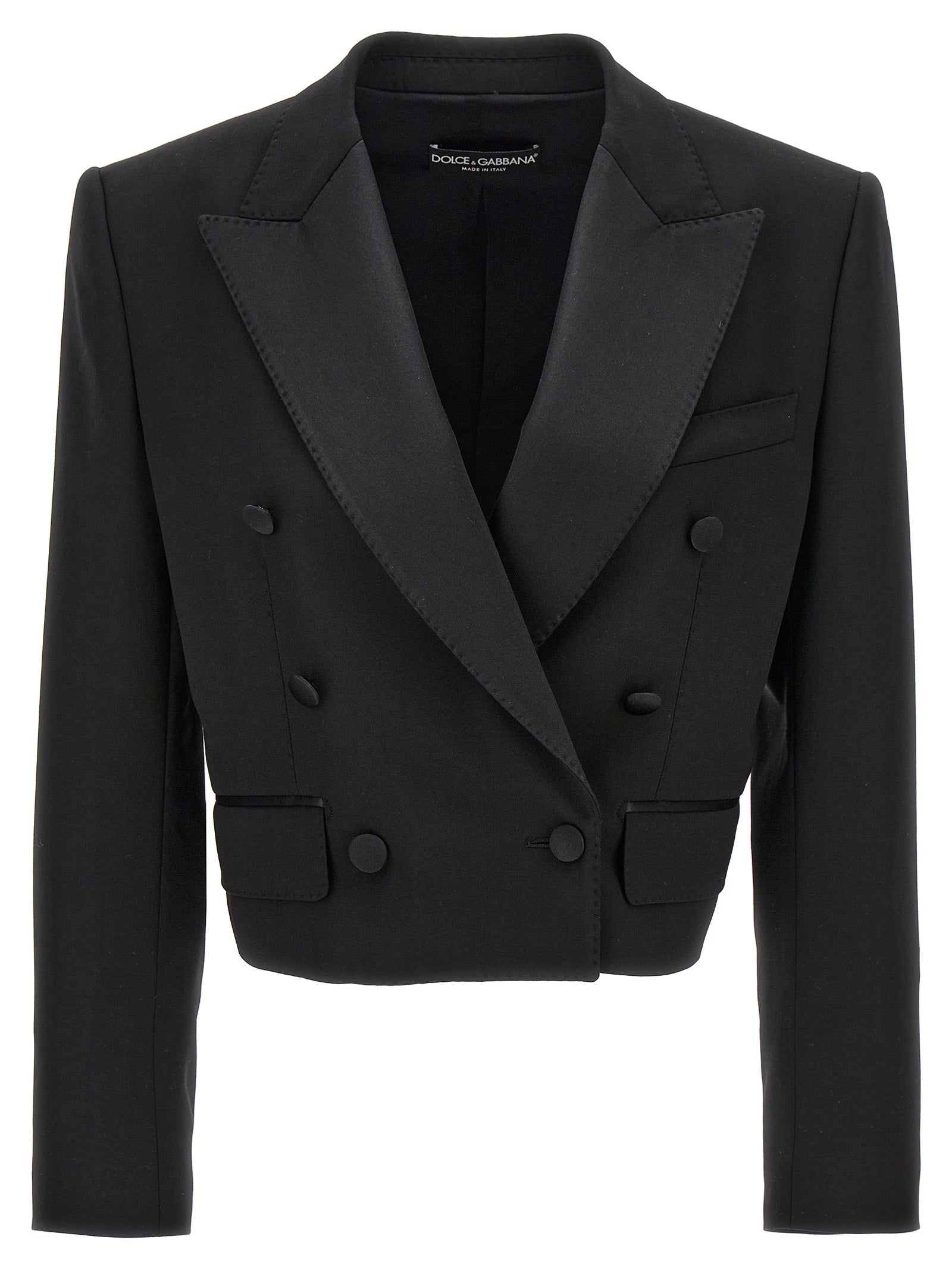 Blazer by Dolce & Gabbana for women in polyester satin silk & virgin wool black features an sartorial silhouette, showcasing a sophisticated and sartorial for a truly sartorial finish.