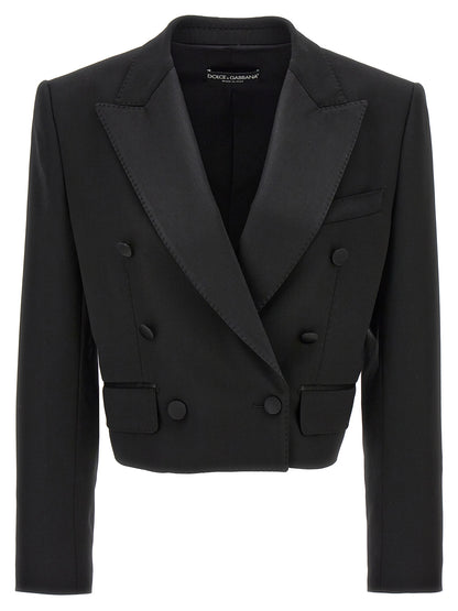 Blazer by Dolce & Gabbana for women in polyester satin silk & virgin wool black features an sartorial silhouette, showcasing a sophisticated and sartorial for a truly sartorial finish.