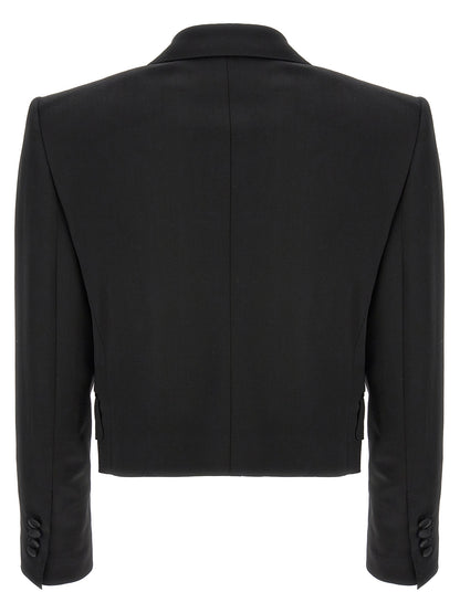 Blazer by Dolce & Gabbana for women in polyester satin silk & virgin wool black features an sartorial silhouette, showcasing a sophisticated and sartorial for a truly sartorial finish.