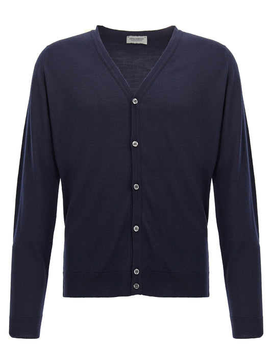 Cardigan by JOHN SMEDLEY for men in wool blue features an crisp silhouette, showcasing a sophisticated wrap neckline and detail for a truly crisp finish.