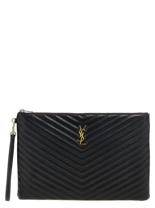 Quilted Clutch Handbag by Saint Laurent for women in calfskin leather black & chevron features a sculptural silhouette with a secure zipper, organized , and versatile wristlet & detachable-strap for a sculptural finish.