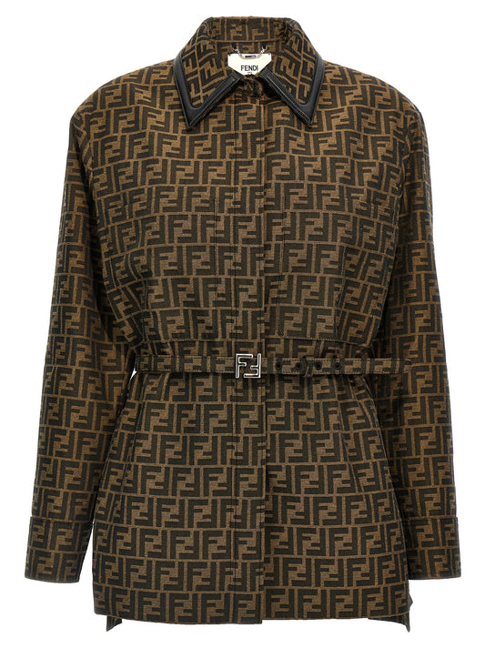 Jacket by Fendi for women in leather cotton polyester brown & patterned showcases a enveloping silhouette, artfully detailed with a enveloping and premium pockets for a truly enveloping finish.