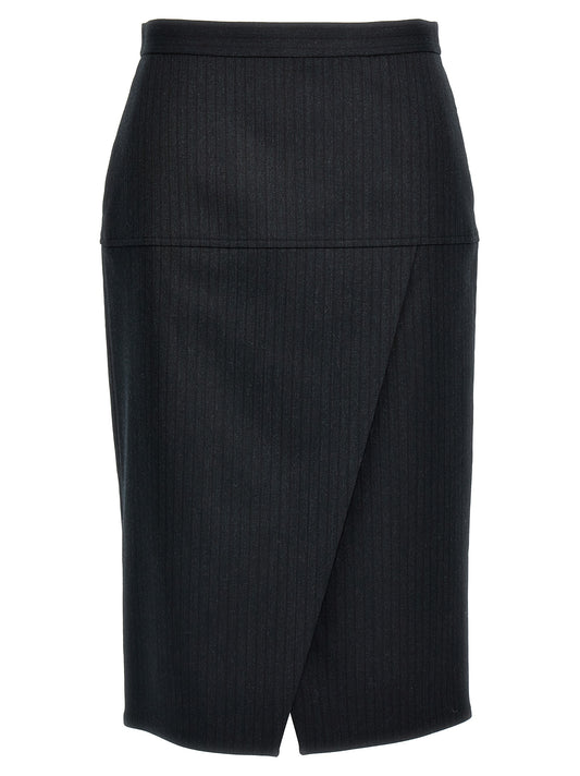 Skirt by Fendi for women in polyester & virgin wool gray & pinstripe showcases a dramatic silhouette, artfully capturing the essence of the Women's Sheath Straight Polyester & Virgin Wool Skirt in a dramatic midi cut for a refined look.