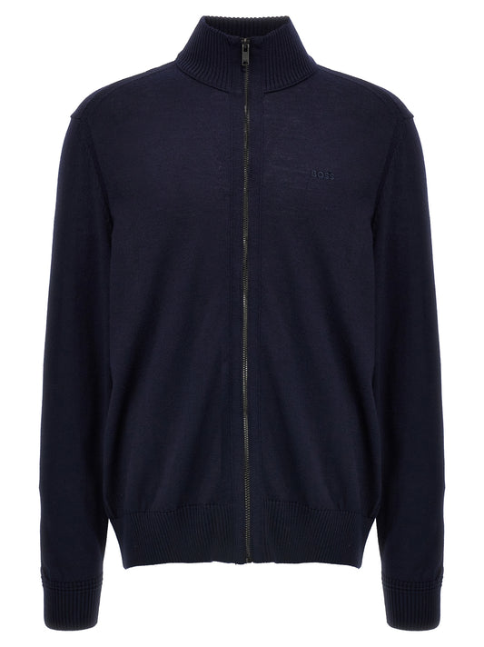 Cardigan by Hugo Boss for men in wool blue features a dramatic silhouette, showcasing a sophisticated and dramatic detail for a timeless, premium look.