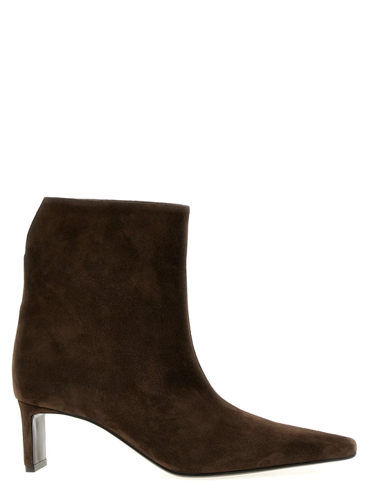 Ankle Boots by Khaite for women in bos taurus calf suede leather brown features an dynamic silhouette, showcasing the dynamic Women's Bos Taurus Calf Suede Leather Ankle Boots design with its distinctive and elegant square toe style.