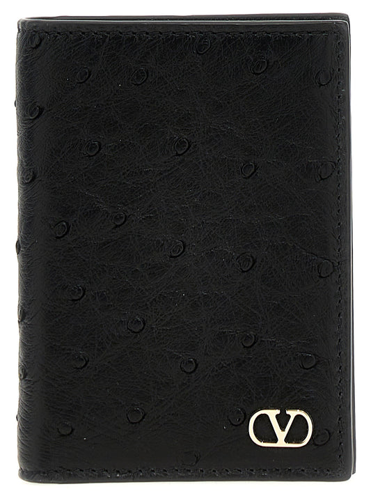Cardholder Card Case by Valentino Garavani for men in ostrich leather black & signature features an dynamic silhouette from the V Logo Ostrich Leather Cardholder Card Case collection, highlighting dynamic card-organization for a premium and sophisticated look.