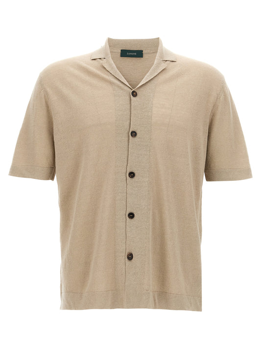 Shirt by ZANONE for men in linen & cotton beige features an architectural silhouette with a refined short-sleeve and elegant for a architectural look.