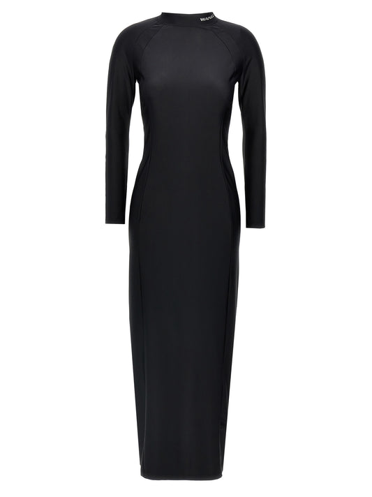 Dress by T BY ALEXANDER WANG for women in stretch nylon black presents a sinuous silhouette, showcasing a sophisticated high-neck neckline and long-sleeve detailed with a sinuous midi for a refined finish.