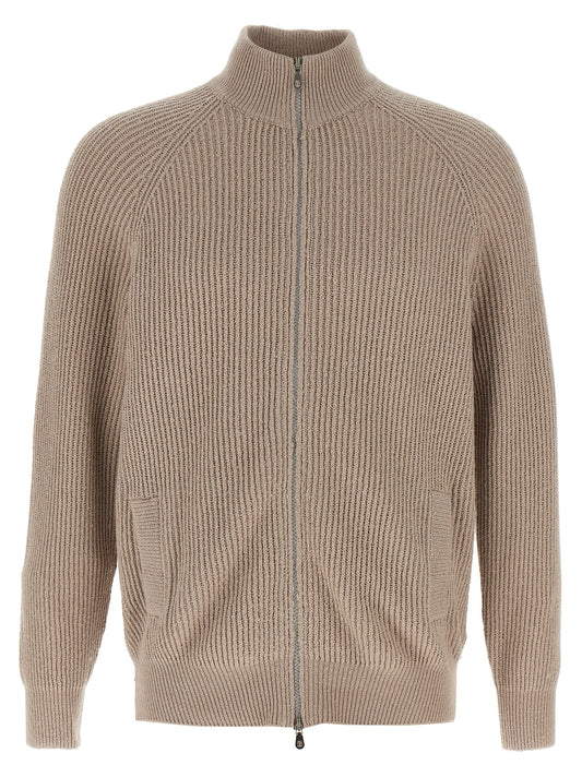 Cardigan by Brunello Cucinelli for men in cotton beige showcases a luxurious silhouette, meticulously detailed with a sophisticated high-neck neckline and for a refined finish.