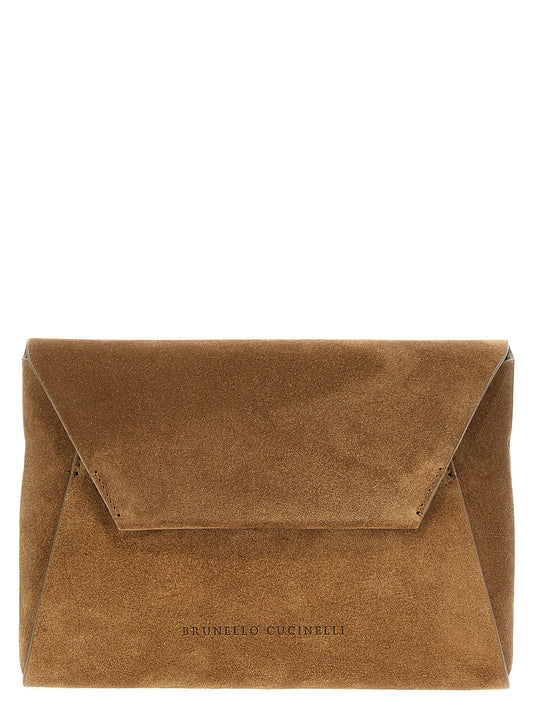 Evening Flap Clutch Handbag by Brunello Cucinelli for women in suede calfskin leather brown features a statuesque silhouette, showcasing a secure flap & magnetic and organized with versatile shoulder-strap for statuesque evening wear.