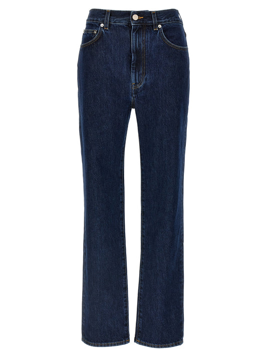 Jeans by Loulou De Saison for women in organic denim cotton & leather blue features an refined tailoring silhouette, showcasing a premium straight-leg with a high rise and long cut for a refined tailoring look.