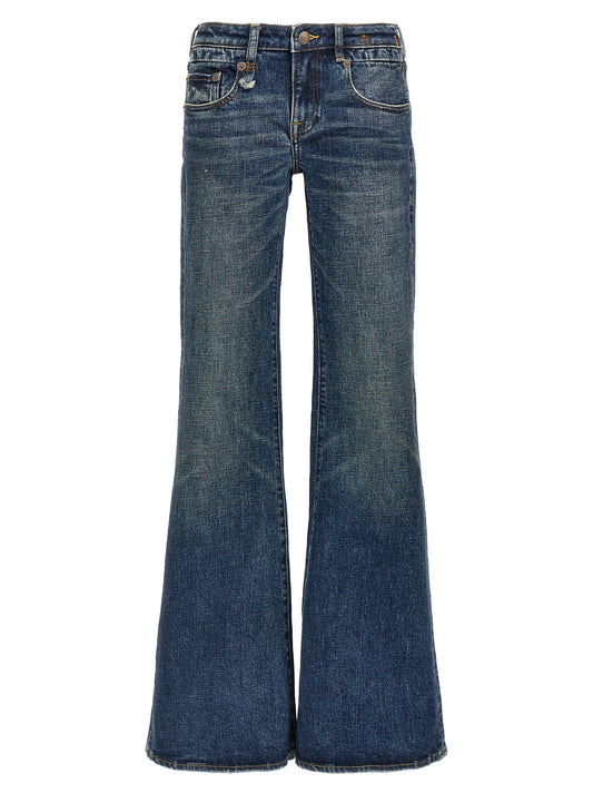 Jeans by R13 for women in denim cotton blue features an sartorial flared and long with a low rise cut for a sartorial finish.