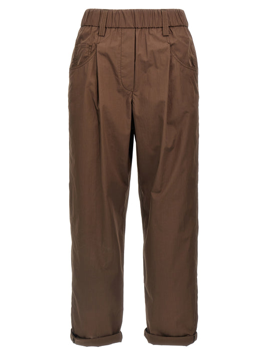 Casual Pants by Brunello Cucinelli for women in cotton brown features a polished silhouette with a polished straight-leg, reaching a polished long and finished with a polished .