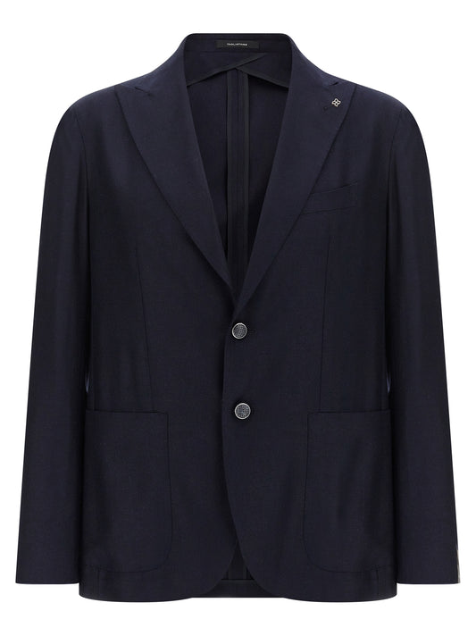 Blazer by Tagliatore for men in silk blue showcases a discerning silhouette, elegantly detailed with a sophisticated and premium for a truly discerning finish.