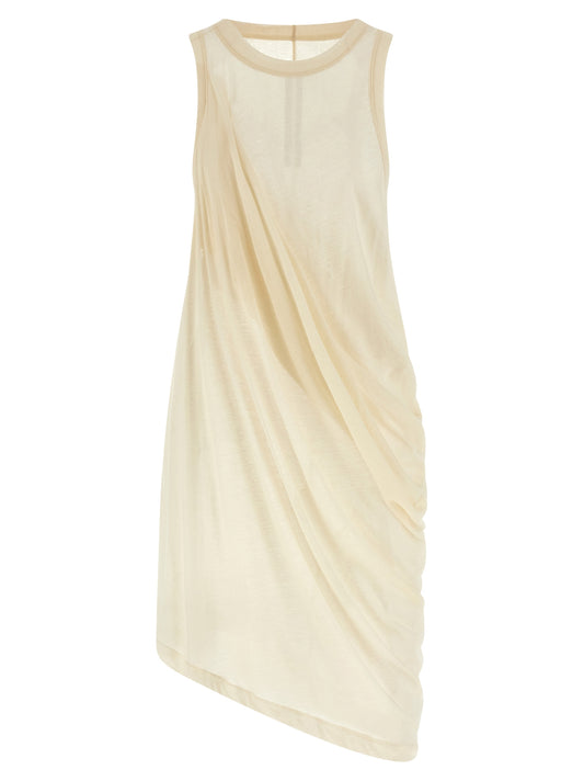 Dress by Rick Owens for unisex in cotton beige & transparent presents a sinuous silhouette, showcasing a sophisticated round neckline and sleeveless detailed with a sinuous short for a refined finish.
