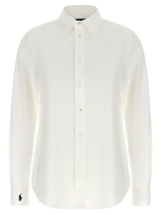 Blouse by Polo Ralph Lauren for women in stretch cotton pearl, white & signature showcases a sleek silhouette, elegantly detailed with a sleek and long-sleeve for a sleek finish.