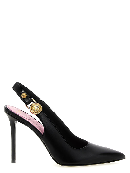 High-Heel Slingback Pumps Heels by Balmain for women in calfskin leather black & gold features a effortless chic silhouette, showcasing the Women's Calfskin Leather High-Heel Slingback Pumps Heels design with a effortless chic high-heel and pointed toe style for a effortless chic finish.