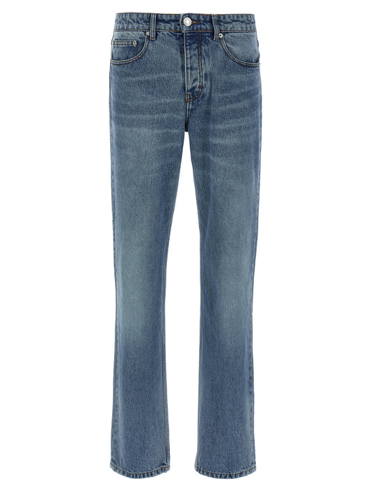 Jeans by Ami Paris for men in denim cotton blue & signature features an sartorial straight-leg and long with a cut for a sartorial finish.