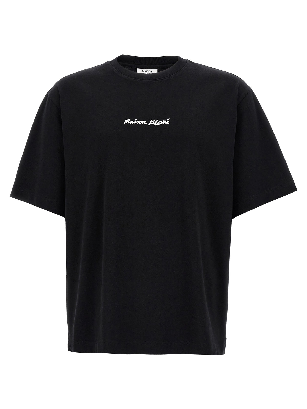 T-Shirt by Maison Kitsuné for men in cotton black showcases a unassuming silhouette, artfully detailed with a refined crew neckline and unassuming short-sleeve for a sophisticated, contemporary look.