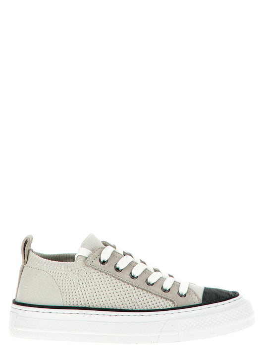 Sneakers by Brunello Cucinelli for women in suede leather & cotton multicolor presents a sumptuous silhouette, artfully capturing the essence of the Monile Women's Low Top Slip On Suede Leather & Cotton Sneakers with its sumptuous low-top slip-on style design.
