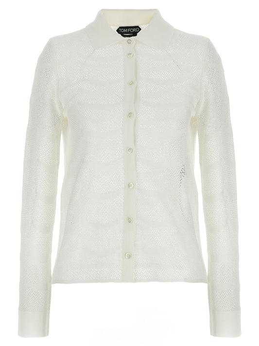 Cardigan by Tom Ford for women in silk cotton canvas white showcases a luxurious silhouette, meticulously detailed with a sophisticated and long-sleeve for a refined finish.