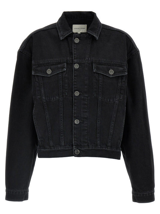 Trucker Jacket by Loulou De Saison for women in organic denim cotton & leather black features a dramatic silhouette, showcasing a sophisticated and distinctive for a dramatic aesthetic.
