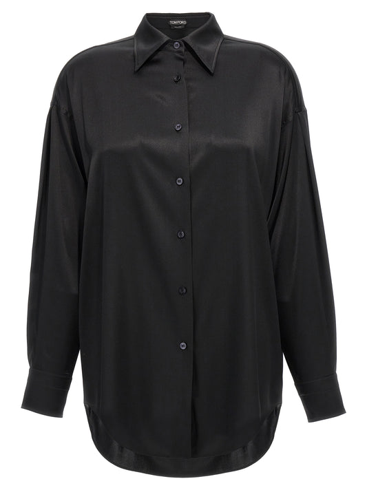 Blouse by Tom Ford for women in silk satin black features an polished silhouette, showcasing a sophisticated and detail for a truly polished finish.