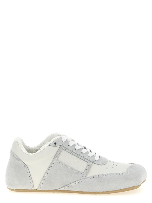 Athletic Sneakers by MM6 Maison Margiela for women in terrycloth cotton & suede calfskin leather gray, white & signature features an exquisite silhouette, showcasing the premium athletic style of the Crisp Women's Athletic Terrycloth Cotton & Suede Calfskin Leather Sneakers with an exquisite finish.