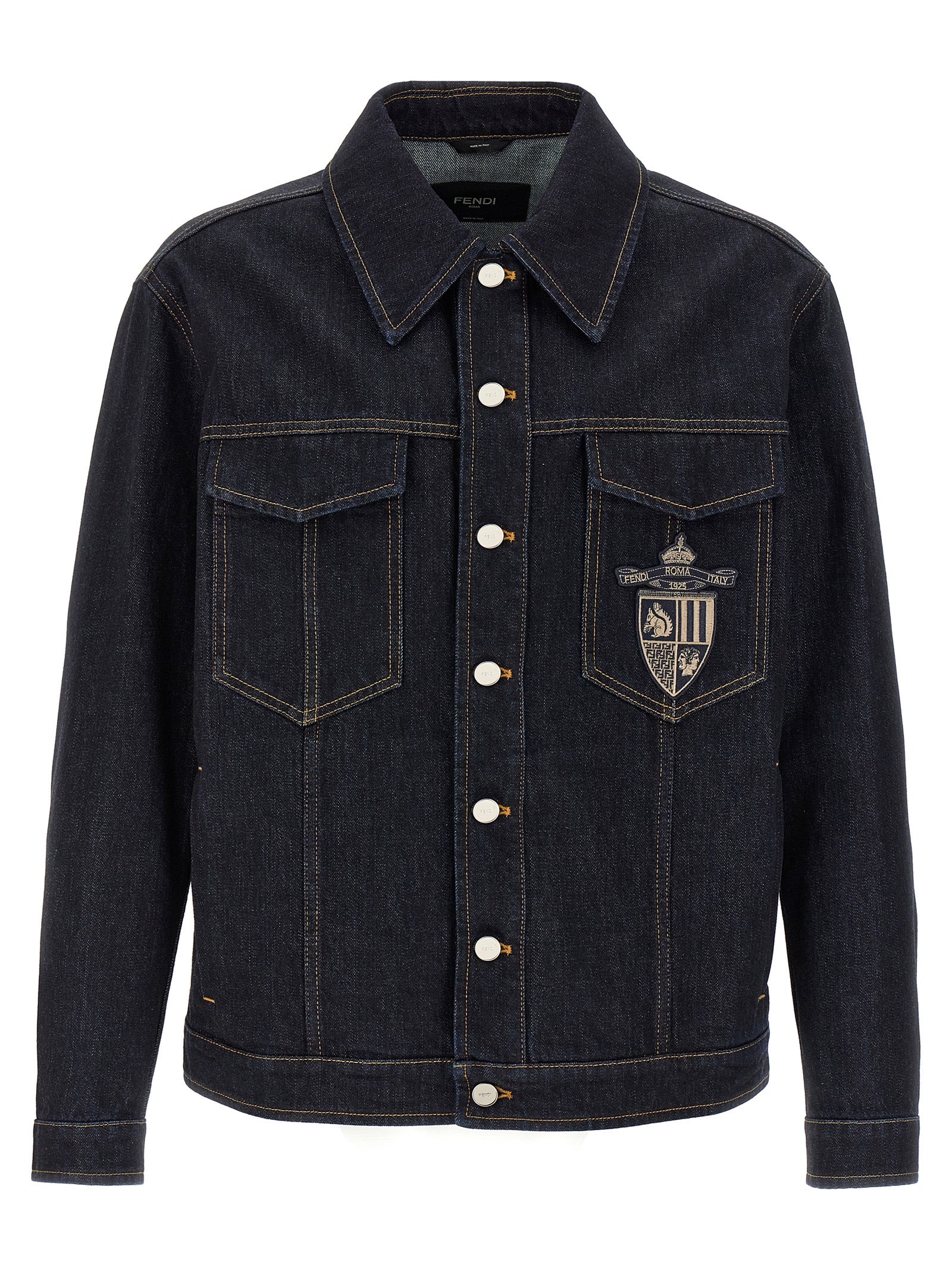 Trucker Jacket by Fendi for men in denim cotton blue features a dramatic silhouette, showcasing a sophisticated shirt-collar neckline and distinctive pockets for a dramatic aesthetic.