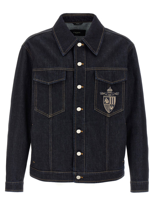 Trucker Jacket by Fendi for men in denim cotton blue features a dramatic silhouette, showcasing a sophisticated shirt-collar neckline and distinctive pockets for a dramatic aesthetic.