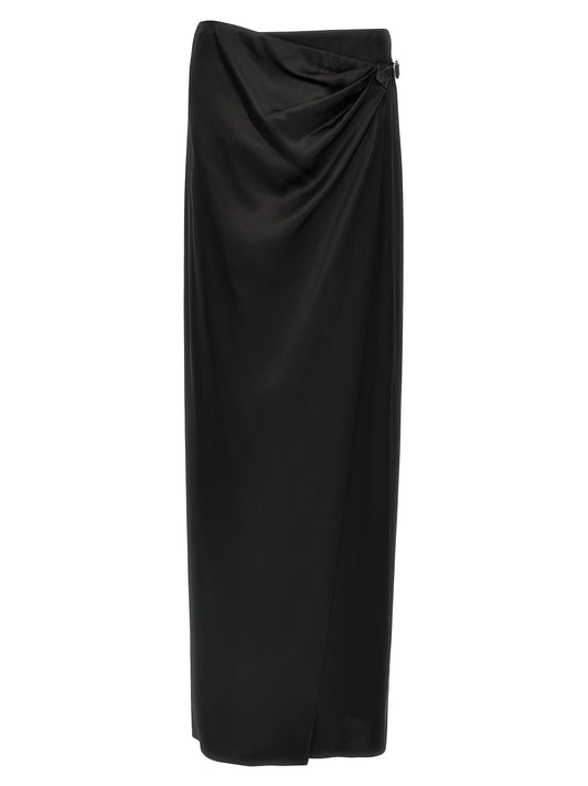 Skirt by Tom Ford for women in satin silk & leather black features a sublime silhouette, showcasing the sublime design of the Women's Wrap Satin Silk & Leather Skirt in a sophisticated mini.