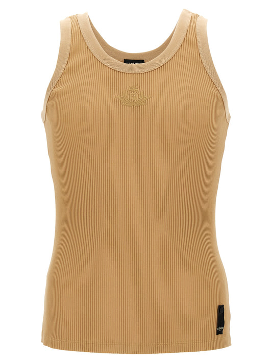 Tank Top by Fendi for men in stretch polyamide beige & signature showcases a meticulous silhouette, artfully finished with a meticulous round neckline and sleeveless for a sophisticated, meticulous look.