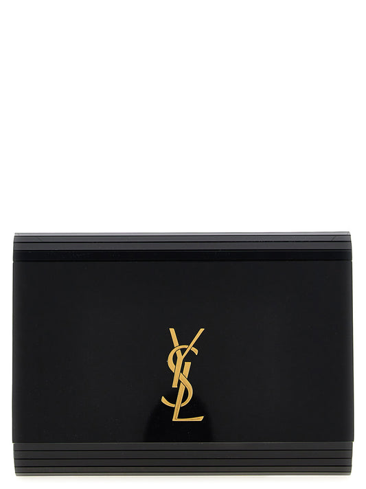 Crossbody Evening Flap Handbag by Saint Laurent for women in wool plastic suede leather & plexiglass black features a transformative elegance silhouette, showcasing a secure flap & magnetic, organized , and versatile crossbody-strap, shoulder-strap & detachable-strap for a transformative elegance look.