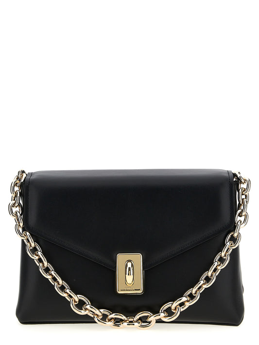 Shoulder Evening Saddle Bag by Furla for women in leather & metal black & signature features a effortless chic silhouette with a secure flap, ample , and versatile shoulder-strap, adjustable-strap & handle for a effortless chic finish.